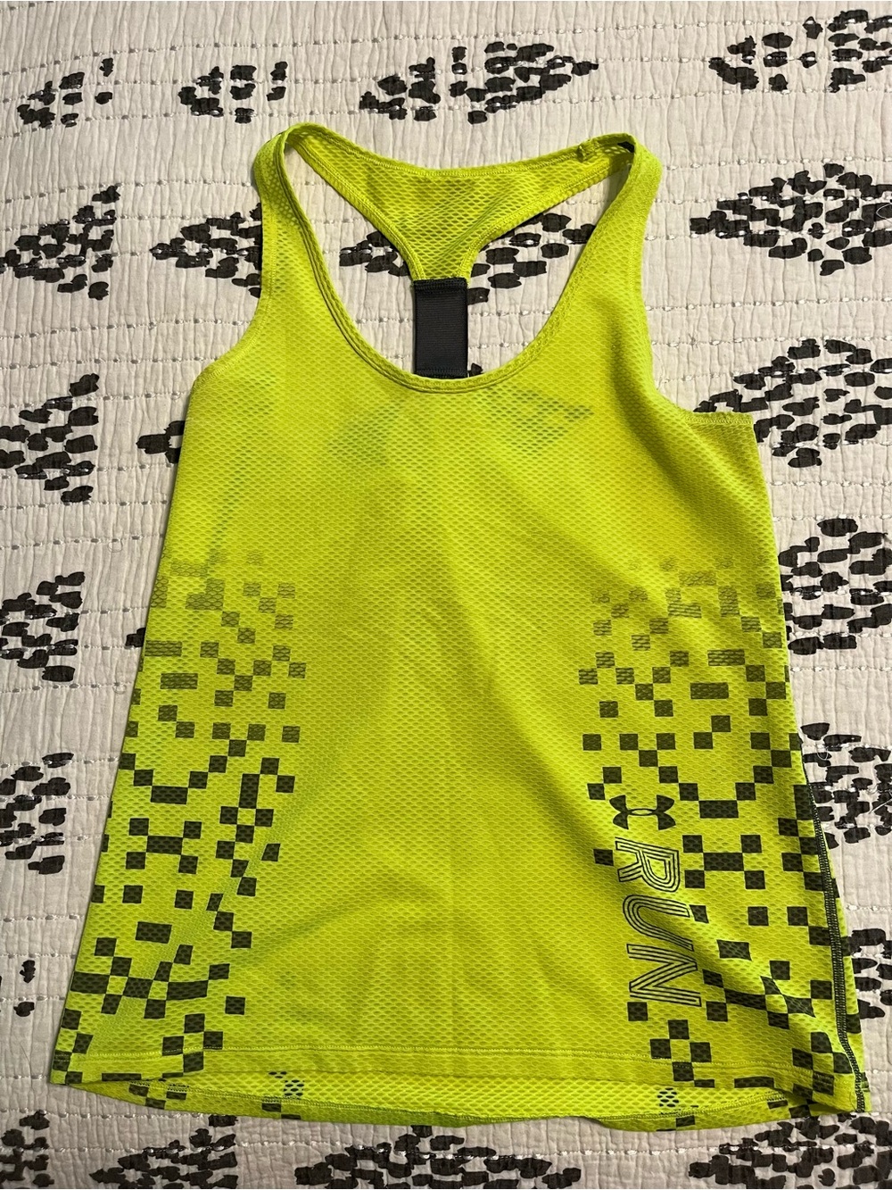 Under Armour Neon Yellow Mesh Performance Tank with Black Pixel Print
